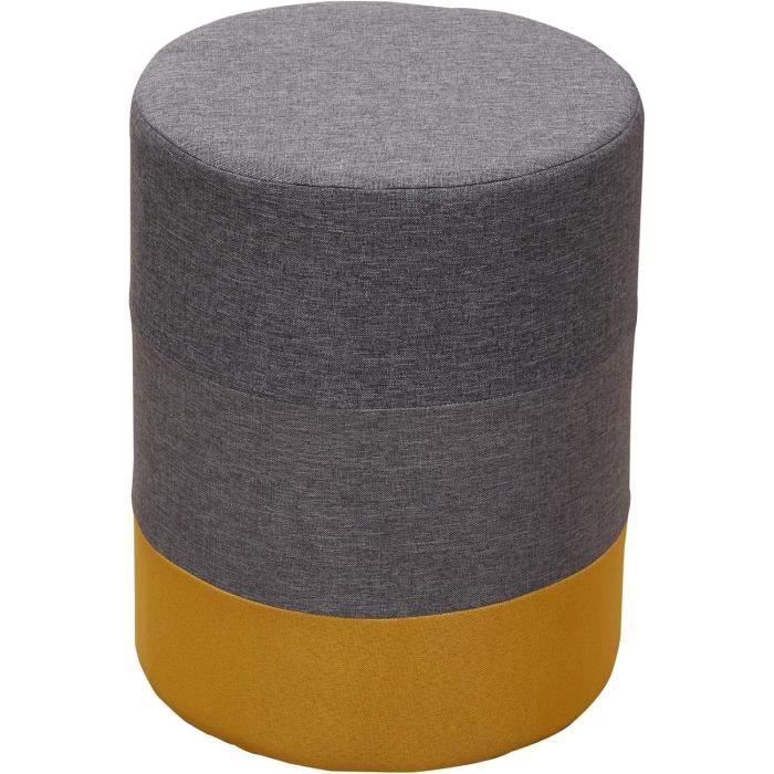 rebecca mobili pouf rond, tabouret rembourre bois et tissu, jaune gris, style moderne, salon chambre – dimensions: 45 x 35 x 35 100