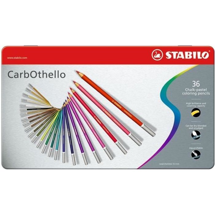 STABILO Boîte métal de 36 crayons de couleur fusain pastel CarbOthello