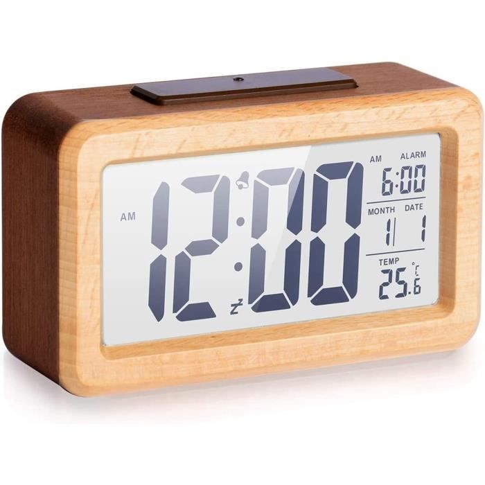 Reveil Numerique, Reveil Matin A Piles En Bois Avec Grand écran LCD