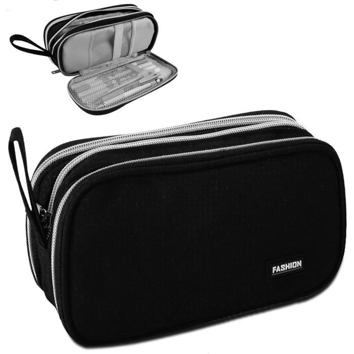 Trousse à Crayons Grande Capacité - 3 Compartiments Avec 4 Élastiques Pour Stylos - Tissu Oxford Résistant - Noir
