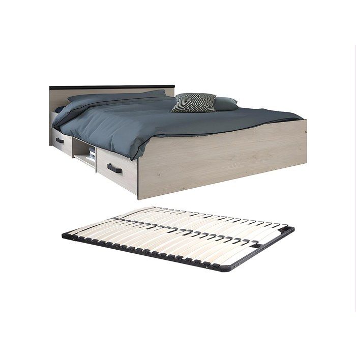 Lit avec rangements 140 x 190 cm - 2 tiroirs et 1 niche - Coloris : Naturel + Sommier - PABLO