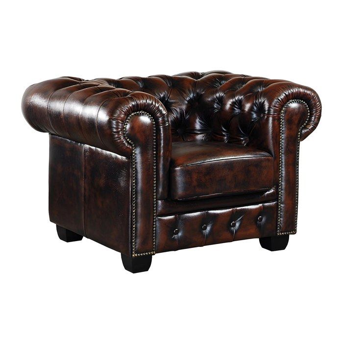 Fauteuil chesterfield BRENTON - VENTE-UNIQUE - 100% cuir de buffle - Chocolat reflets châtains