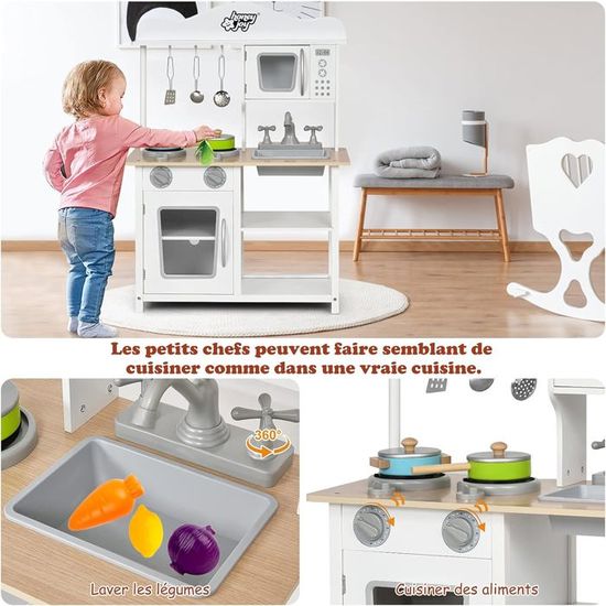 COSTWAY Cuisine Enfants 9 En 1 En Bois - Effets Sonores & Lumières, Micro-Ondes Et Machine à Glaçons