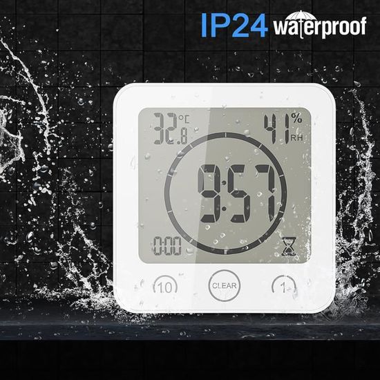 Horloge De Salle De Bain Avec Thermomètre – Étanche, à Poser Ou Suspendre Sans Perçage, Blanche, Pile AA