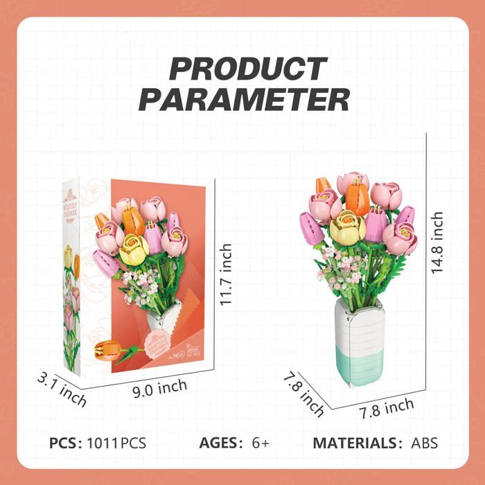 CUBIMANA Bouquet de fleurs - Kit de construction créatif - 14 Fleurs avec Vase et Lumière LED