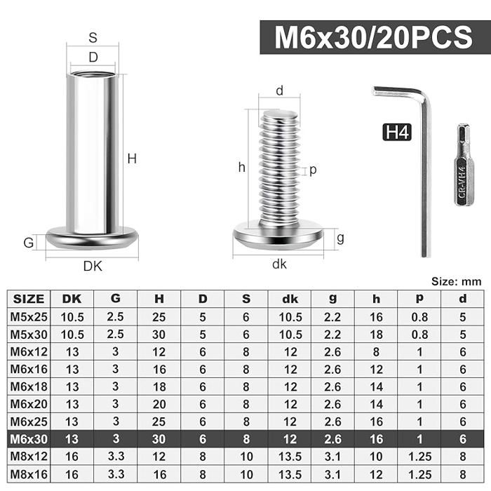 20 écrous Hexagonaux M6x20 Mm à Six Pans – Pour Meuble, Acier, Filetage Intérieur