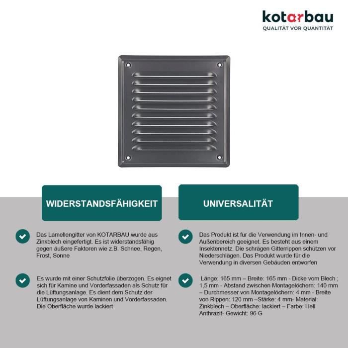 Grille d'aération KOTARBAU 165 x 165 mm en acier inoxydable, avec grille  anti-insectes résistante à la corrosion, argent - Cdiscount Bricolage