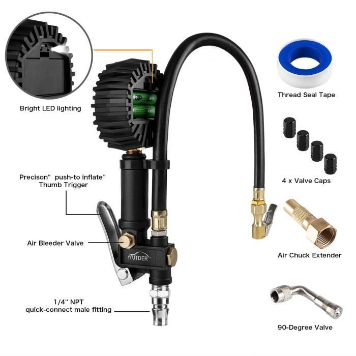 Manomètre Digital Pneus 250 PSI - Gonfleur Et Dégonfleur 3-en-1 - Pour Voiture, Vélo, Moto