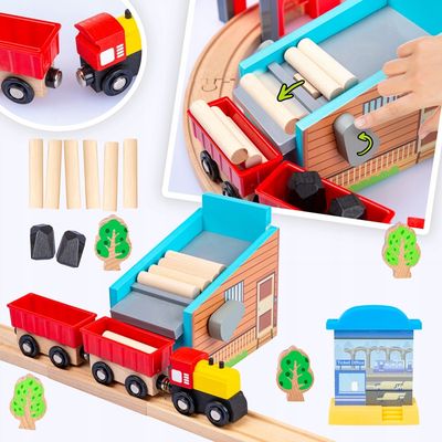 Green Series Kinderplay Tren De Madera Para Niños – Circuito Largo De 213 Cm Con Aserradero, Pesca Y 48 Elementos – Compatible Con Otras Marcas (Modelo GS6151