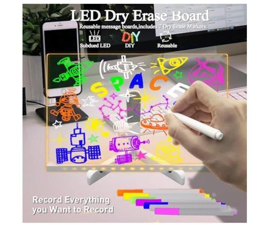 Tableau Lumineux LED Acrylique Avec 7 Stylos - Pour Dessin, Notes, Planning Familial Ou Bureau - 1