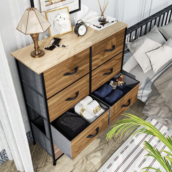 Commode 8 Tiroirs En Tissu YITAHOME - Dessus En Bois, Cadre Métal - 80x30x103 Cm - Rangement Chambre, Salon, Enfant