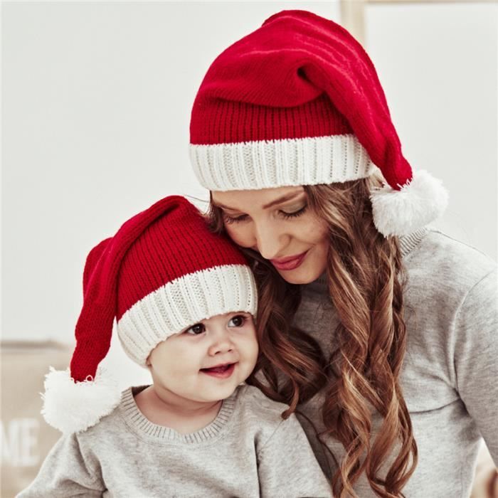 2Pcs BONNET PÈRE NOËL LUXE Bonnet Bébé et Adulte - ROUGE