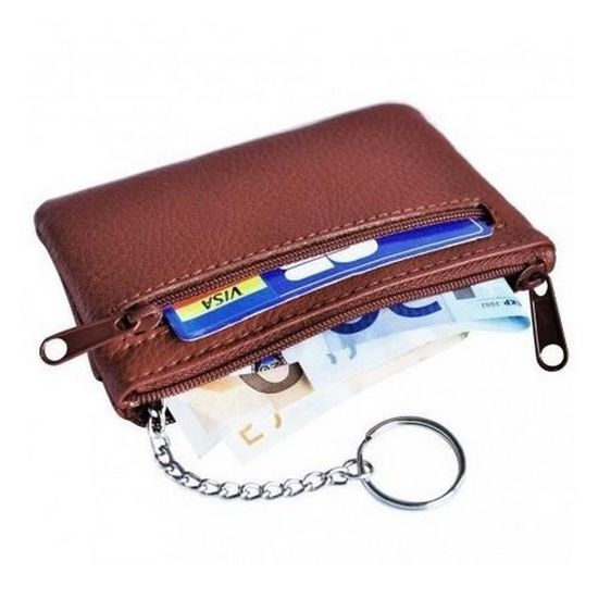 Porte-Monnaie Grain De Café En Cuir Vachette LOLUNA - 2 Zips, Anneau Clé, Compact Et Robuste - Brun