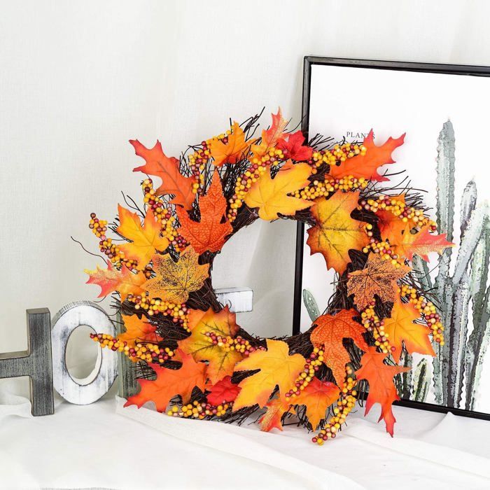 Couronne D'Automne Artificielle 40cm Avec Feuilles D'Érable - Déco Porte D'Entrée Ou Intérieur - Tons Orange Et Vert