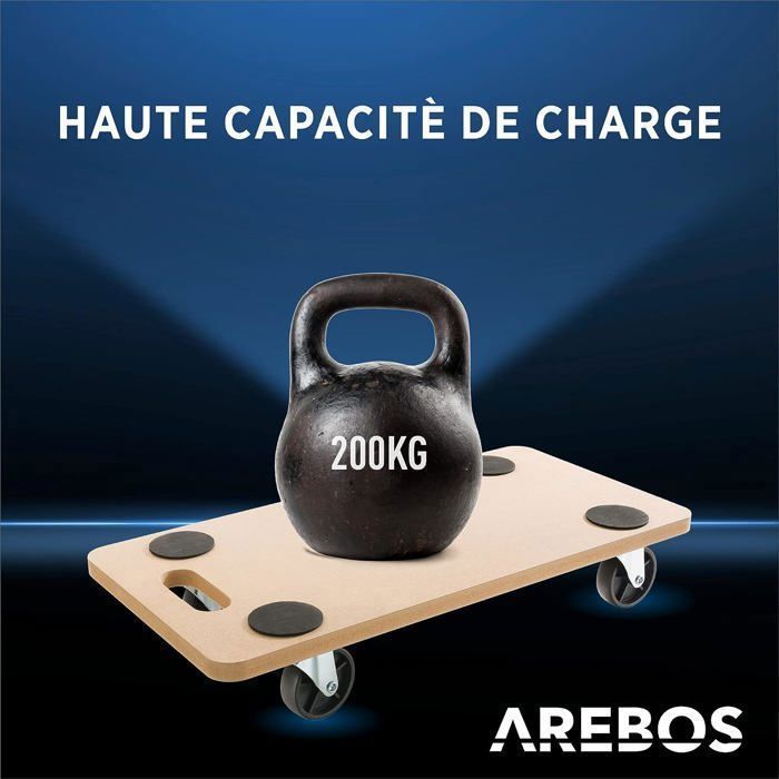 Planche à Roulettes Transport Meuble - 52x39x10 Cm - Charge 150 Kg - 4 Roues Pivotantes - Avec Cordons