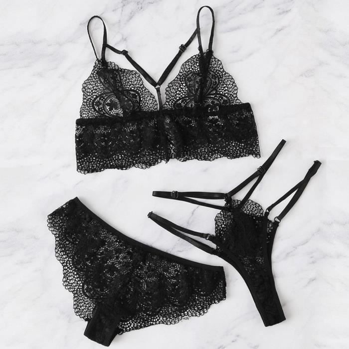 3Pc femmes dentelle soutien gorge slips Sexy Lingerie sous vetements pyjamas vetements de nuit string ensemble n41692 Noir Cdiscount Pret a Porter