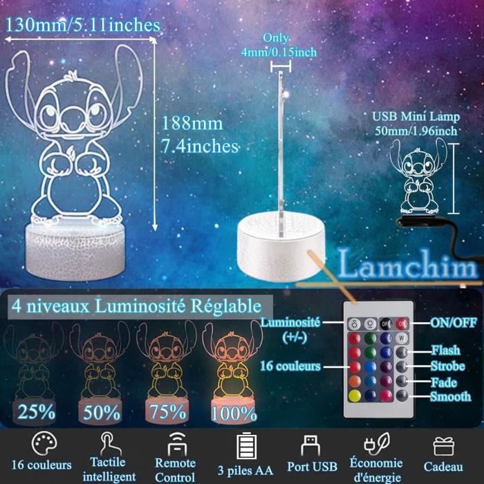 Lamchim Lampe Stitch 3D, Veilleuse Stitch LED, lampe de chevet Stitch  Veilleuse Stitch16 couleurs Décoration de lampe de bureau 3D, Lampe de nuit  pour enfants à distance tactile alimentée par USB