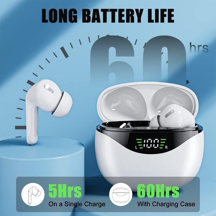 Écouteurs Bluetooth 5.3 - 40h Autonomie - Réduction Bruit ENC - IP7 Étanche - Affichage LED