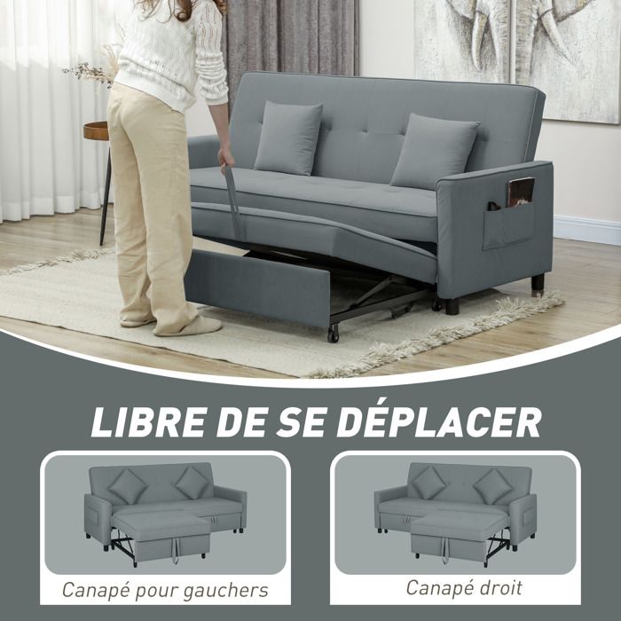Canapé Convertible 2 Places HOMCOM – 3 En 1 (canapé, Chaise Longue, Lit) – 137x180 Cm – Dossier Réglable, 2 Coussins – Tissu Gris Lin – Pour Petit Espace