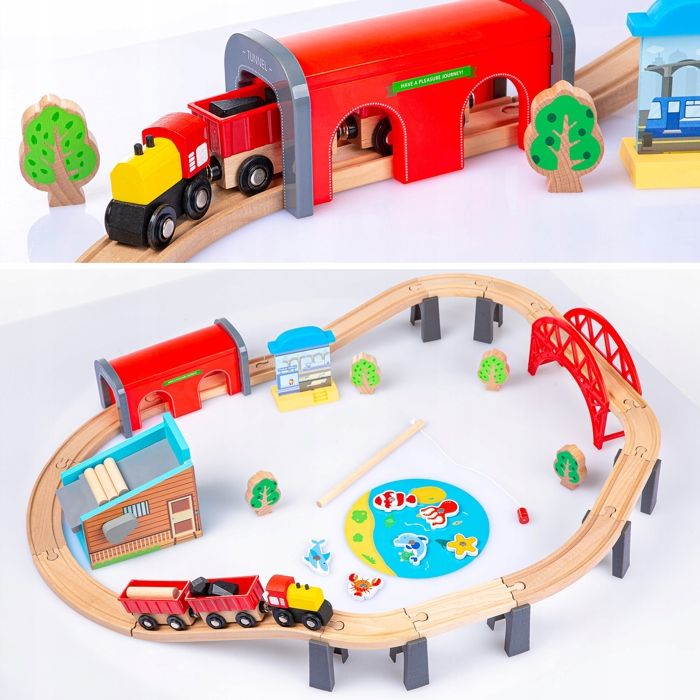 Green Series Kinderplay Tren De Madera – Circuito De 213 Cm, 48 Piezas, Aserradero Funcional Y Pesca Magnética
