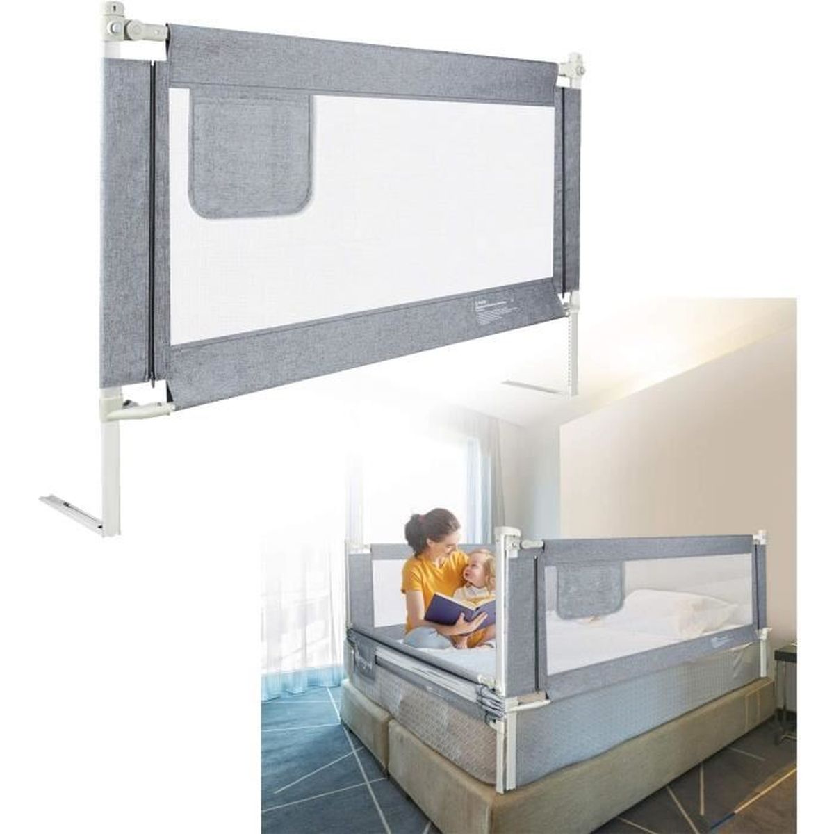 Barrière De Lit Bébé 150 Cm – Réglable En Hauteur, Pliable 180°, Sécurité Gris Pour Lit Enfant & Cododo