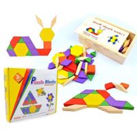 Blocs De Puzzle En Bois Géométriques Tangram Casse-Tête Puzzle 3D Logique Iq Jeu Coloré Motif