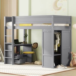 LIT MEZZANINE Lit mezzanine 90*200cm, lit enfant polyvalent, équipé d'armoire, bureau et tiroirs, gris