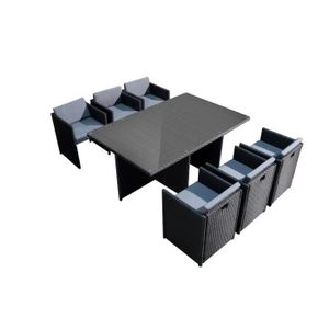 Ensemble table et chaise de jardin Salon de jardin encastrable - 6 personnes - MIAMI - Concept Usine - résine tressé poly rotin - contemporain - Noir/Gris