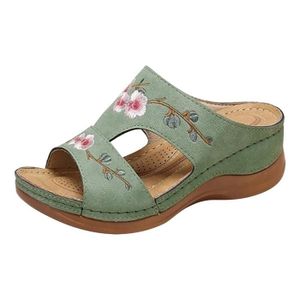 CHAUSSON - PANTOUFLE lukcolor Chausson - Pantoufle 2021 été nouvelles chaussures pour femmes pantoufles à broderies fleurs creuses Vert