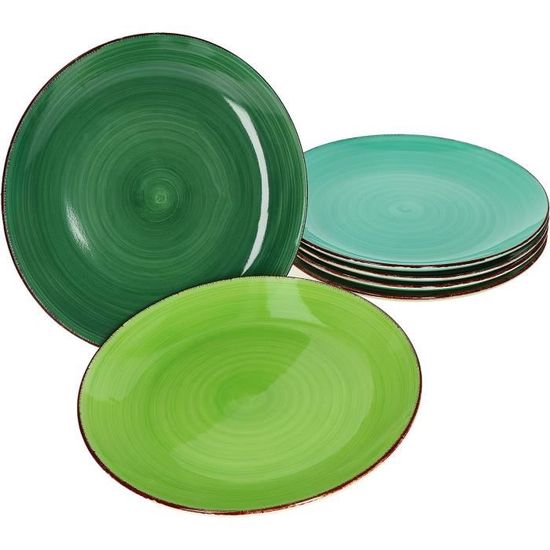 Lot De 6 Assiettes Plates MamboCat Green - Faïence Colorée 27cm, Design Spirale Moderne