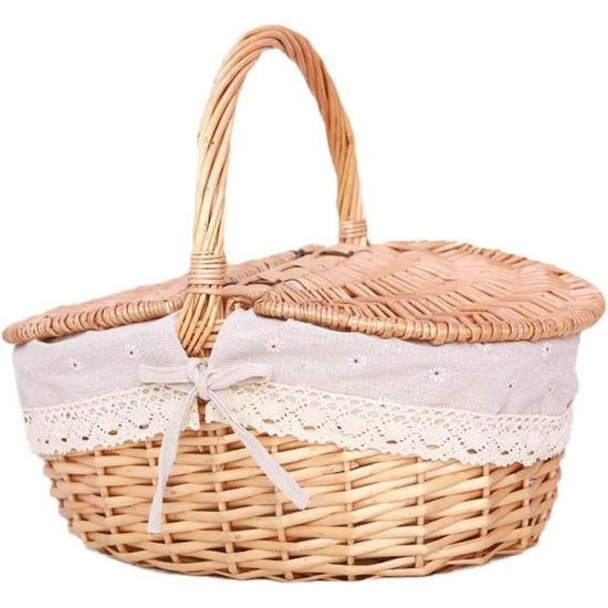 Panier En Osier Avec Doublure Amovible - Panier Pique-nique Ovale En Saule - Pour Camping, Cueillette, Décoration (Plaid Rouge)