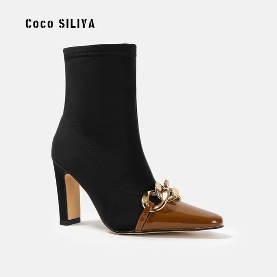 Boots Femme d hiver bout pointu talon epais talon mi cylindre grande taille Marron Marron Cdiscount Chaussures