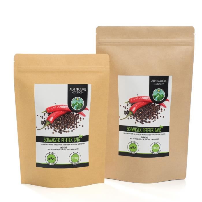 Poivre noir entier (500g), grains de poivre noir 100% naturel, bien sûr sans additifs, vegan, poivre noir