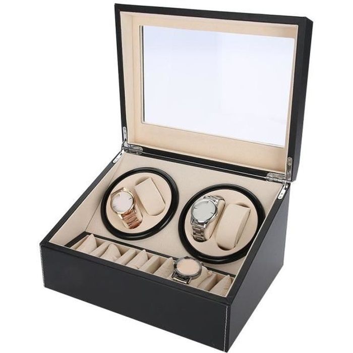 Remontoir pour 4 montres automatiques + 6 grilles Boîtier rangement pour Moteur Alimenté par super silencieux (noir + prise UE)