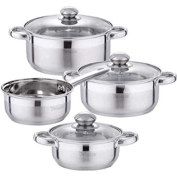 Velaze Batterie de Cuisine Induction, Casseroles en Acier Inoxydable, Marmites Anti-adhésives avec Couvercles en Verre de 7Pcs