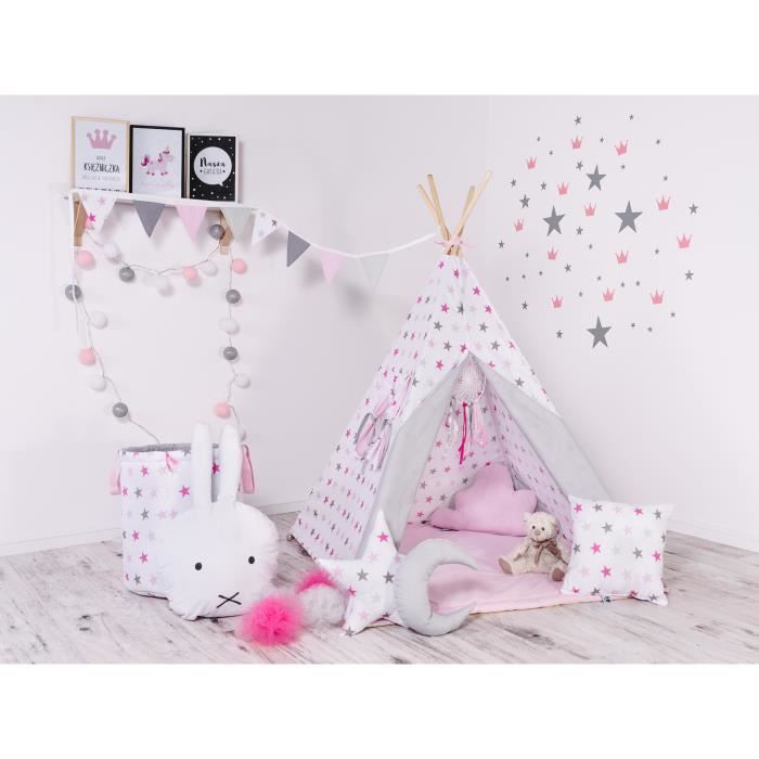 WILLY - Tipi Tente de jeu intérieur extérieurs fille/garçon - Hauteur 160 cm - Avec 8 poteaux de pin naturel + une fenêtre - Blanc