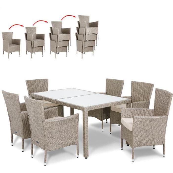 DEUBA - Salon de Jardin - polyrotin • 1 table/6 chaises + coussins - Gris/Beige, chaises empilables - Résistant aux intempéries, set