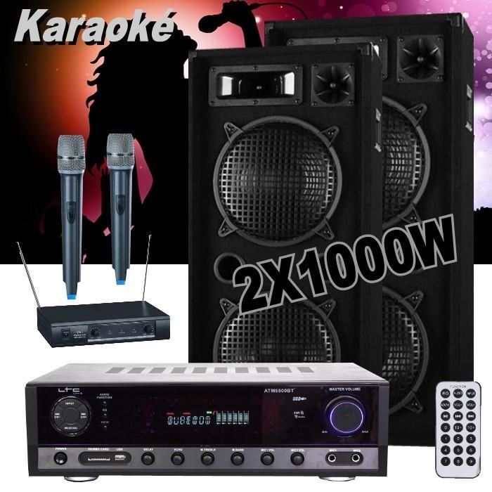 PACK KARAOKÉ avec 2 MICROS HF + 1 AMPLI BLUETOOTH + 2 ENCEINTES 1000W DJ-PA LED
