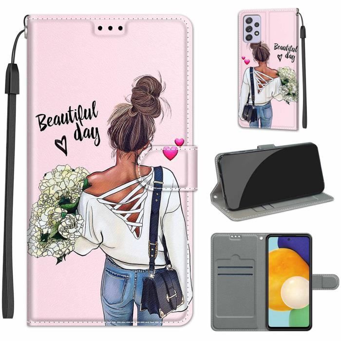 élégant Housse Etui Pour Samsung Galaxy A33 5G Motif Cuir Pochette protection cover Magnétique Flip Fleur et fille GAN