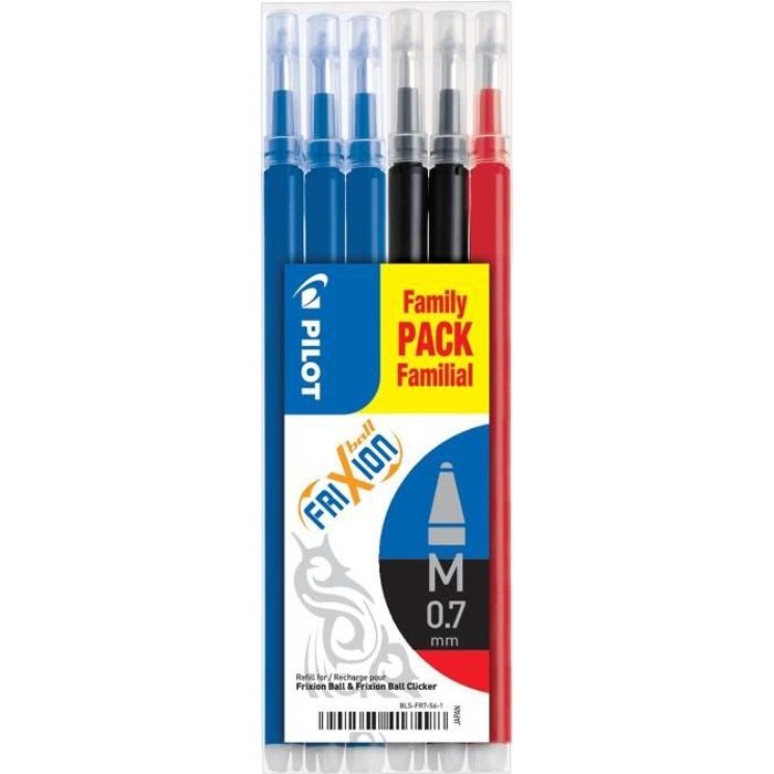 Set de 6 Recharges FRIXION BALL BLS-FR7 (3 Bleu + 2 Noir + 1 Rouge)
