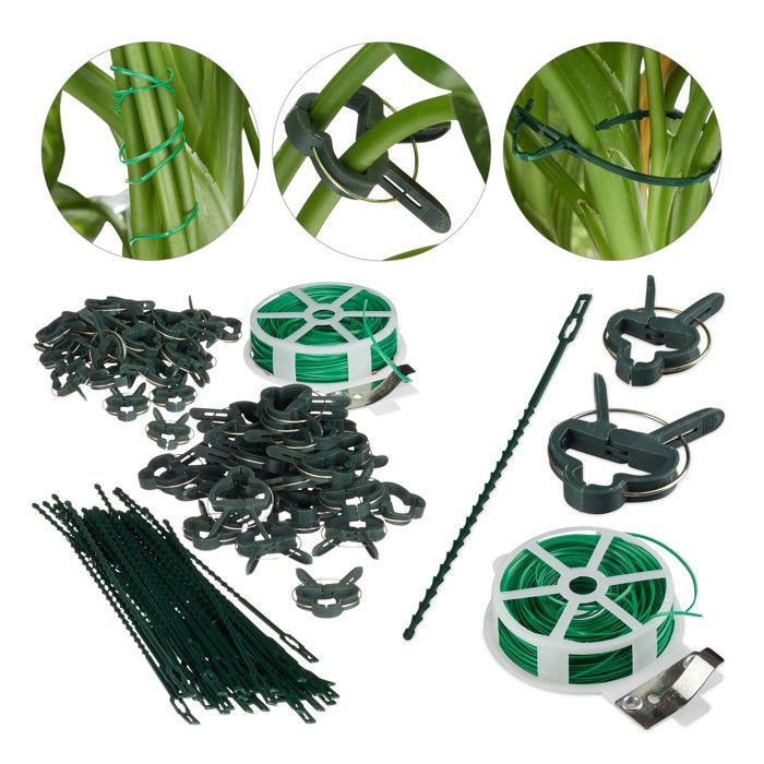 Relaxdays Set d’attache plantes set de 110 pièces. Clips stables, fils fournis le cutter, tuteur roses, tomates, vert