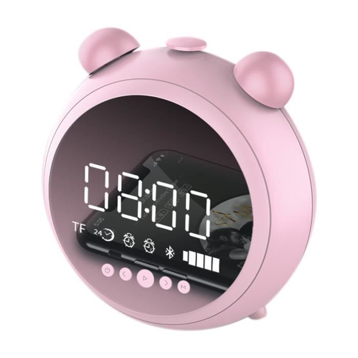Réveil Hd Miroir avec Veilleuse Haut-Parleur Bluetooth Sans Fil Fm Radio Soutien Aux Tf Lecteur Enfants Horloge Led Digital Rose