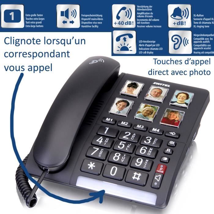 Téléphone sénior Fixe SWITEL TF540 - Avec touches photos - Volume de sonnerie très élevé - Alerte de l'appel par LED