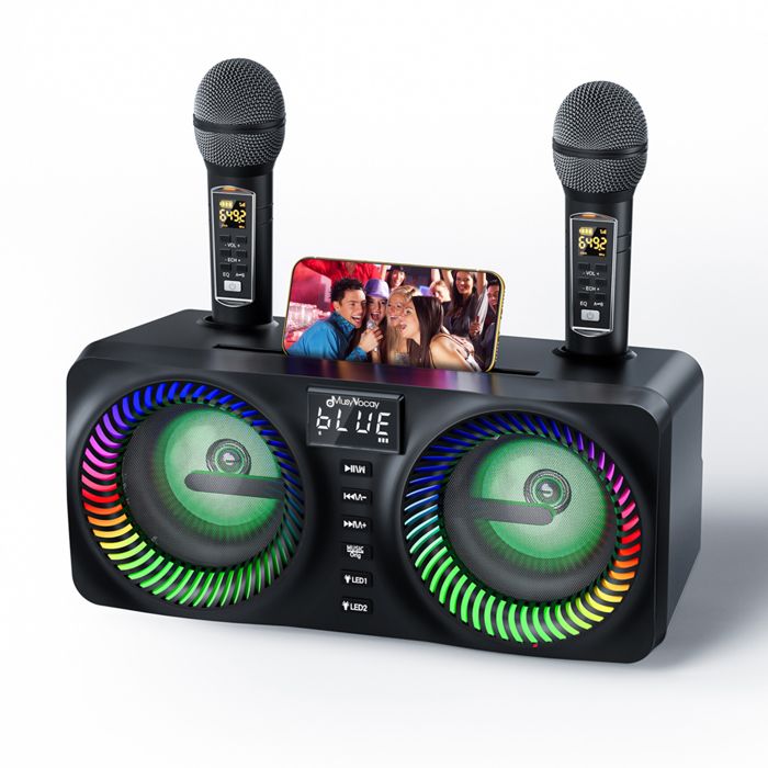 Enceinte Karaoke Complet Haut-Parleur Bluetooth avec 2 Microphones sans Fil pour Le Chant, Machine de Karaoké Sono Portable Support