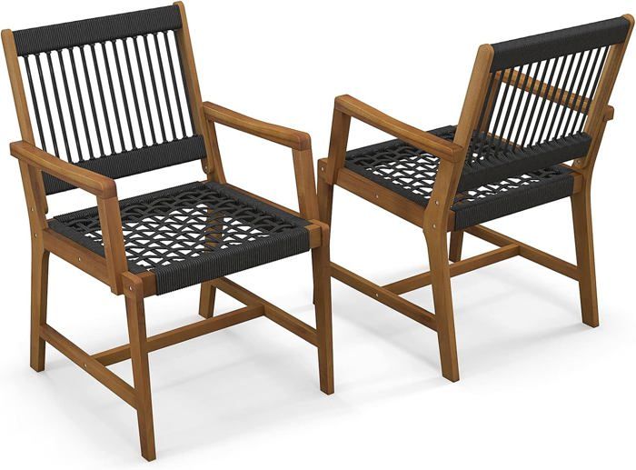 GOPLUS Lot de 2 Chaises Jardins Bois dAcacia-64x57x90CM Charge 160KG-Tissées en Corde pour Terrasse/Jardin/Arrière-Cour Marron