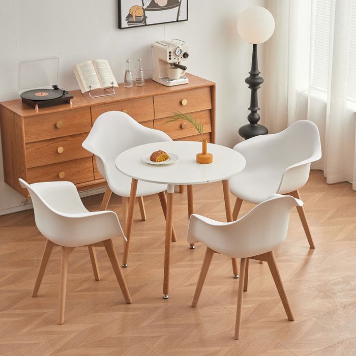 Ensemble Salle à Manger Ronde 4 Chaises - Table Blanche 80x80 Cm, Chaises Rembourrées - Style Scandinave - 14