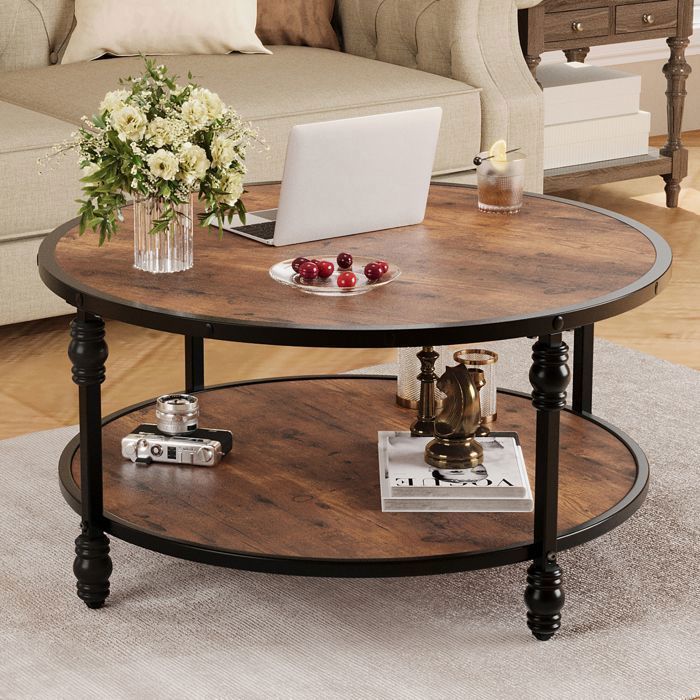 Table Basse - PROMIRACAL - Vintage - 2 Niveaux - Bois Massif - Marron
