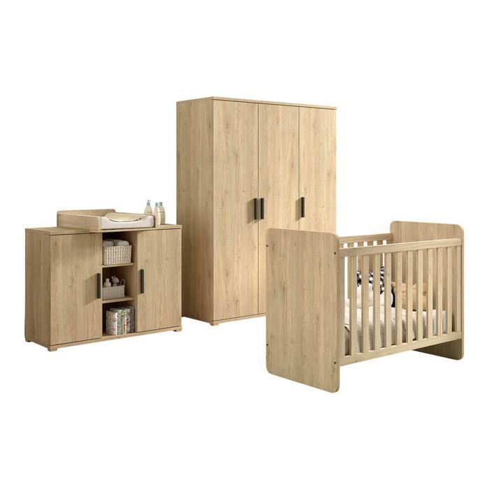 MARCO - Chambre Bébé Lit 60x120cm + Meuble à langer + Armoire 3P Aspect Chêne clair MARCO - Chambre Bébé Lit 60x120cm + Meuble à langer + Armoire 3P Aspect Chêne clair