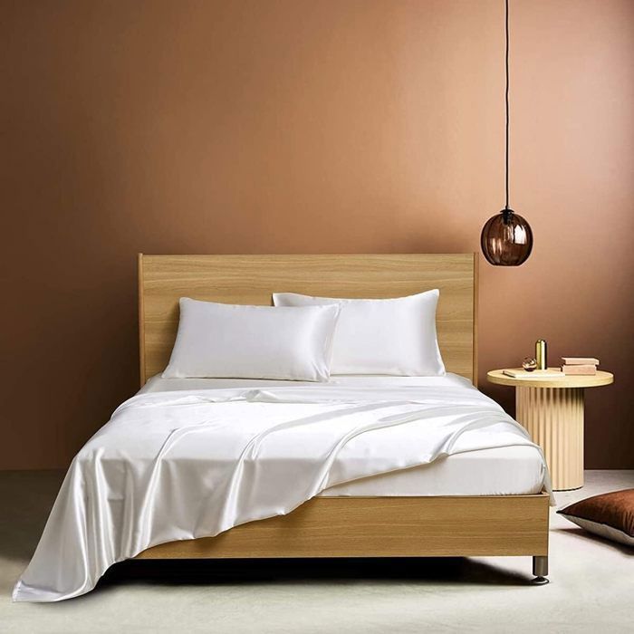 Drap Housse 150x200cm Satin Blanc Bonnet 30 cm Motif Drap de lit Soie Drap-Housse 150 x 200cm Uni Lisse Respirant pour M Étiquette