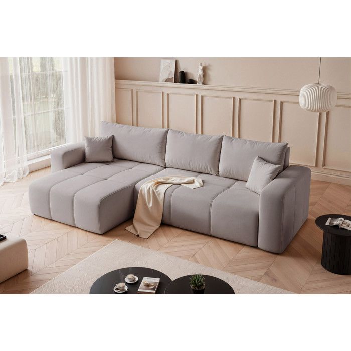 Canapé dangle Réversible PEDRO - 5 places - Convertible avec Coffre - Tissu Velours - Gris clair